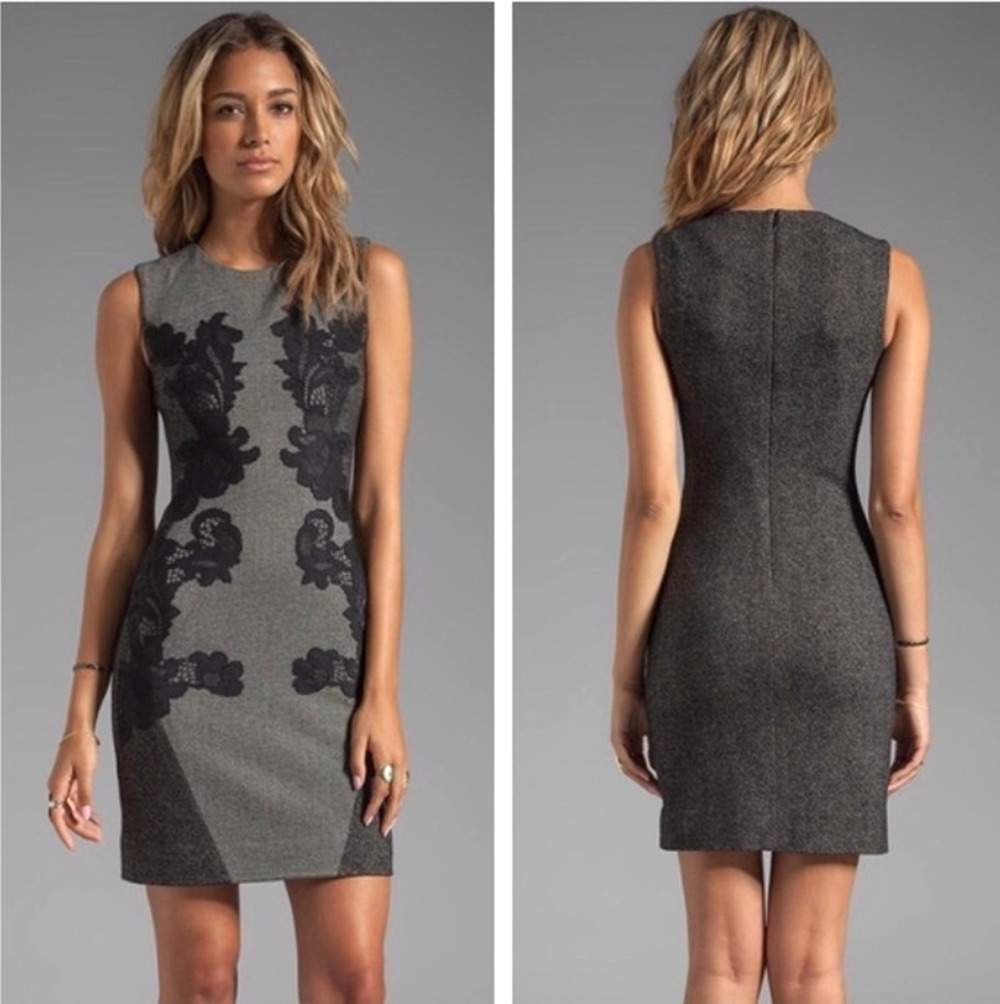 Diane Von Furstenberg Dress Womens 12 Gray Black Wool Blend Jacquard Lace Lined